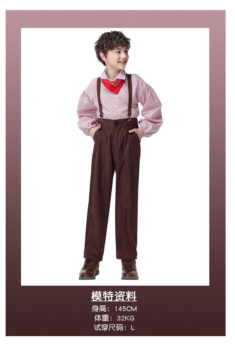 Retro-style boys' overalls set, striped shirt with red scarf, British school style, suitable for both performances and everyday wear.