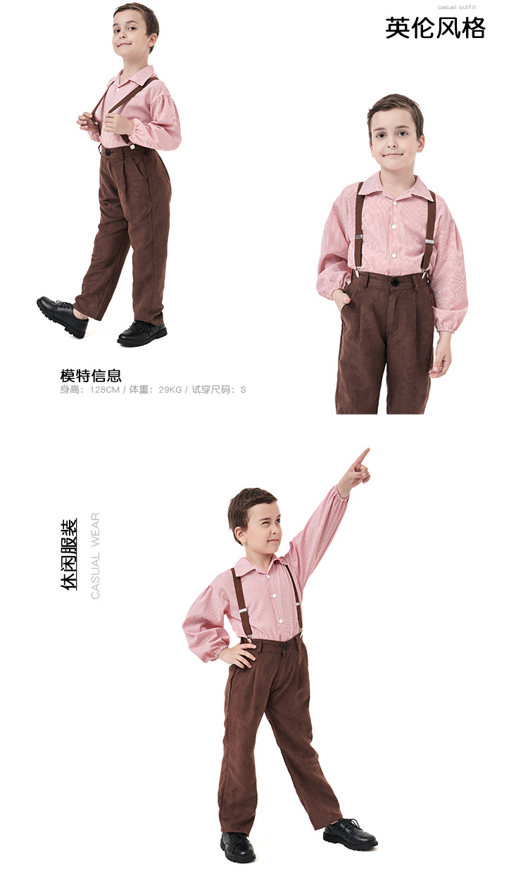 Retro-style boys' overalls set, striped shirt with red scarf, British school style, suitable for both performances and everyday wear.