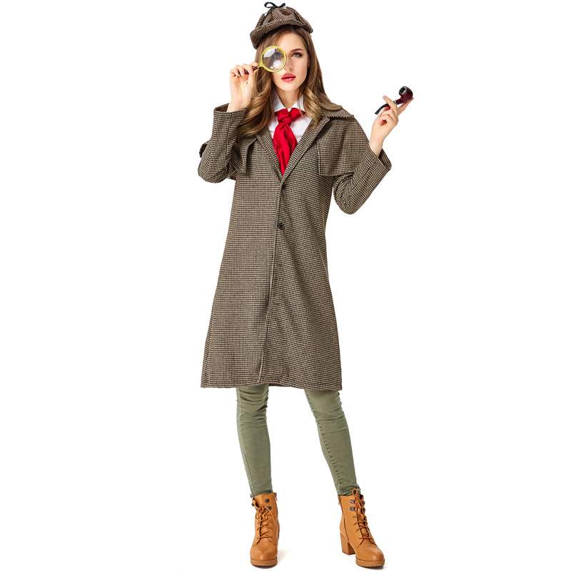 Halloween Costume Adult Women's British Retro Plaid Trench Coat Detective Set Movie Role-Playing Costume