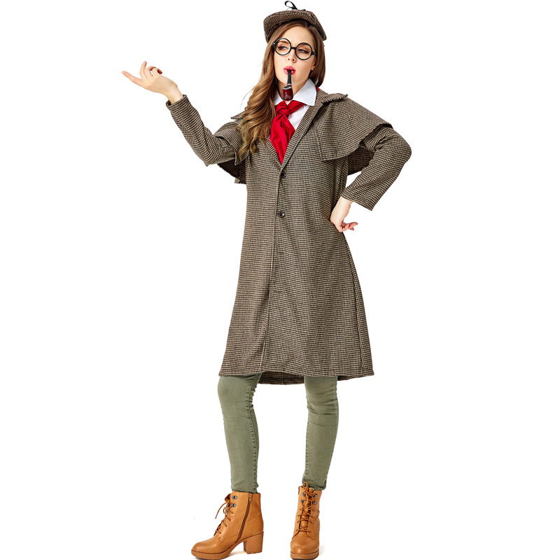 Halloween Costume Adult Women's British Retro Plaid Trench Coat Detective Set Movie Role-Playing Costume