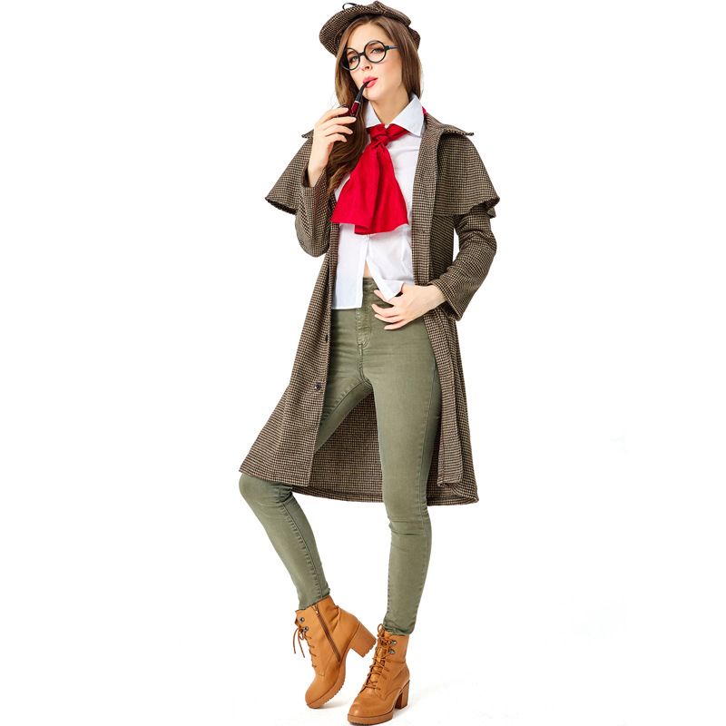 Halloween Costume Adult Women's British Retro Plaid Trench Coat Detective Set Movie Role-Playing Costume