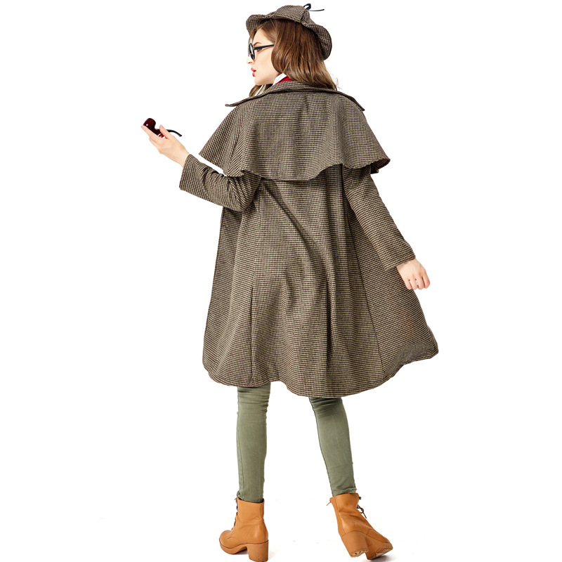 Halloween Costume Adult Women's British Retro Plaid Trench Coat Detective Set Movie Role-Playing Costume