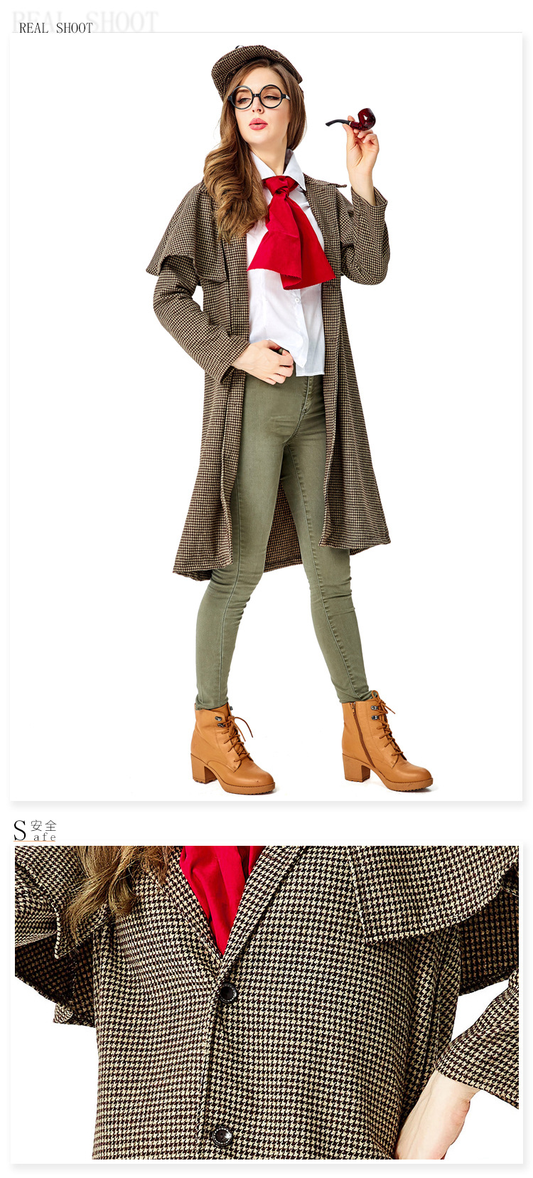 Halloween Costume Adult Women's British Retro Plaid Trench Coat Detective Set Movie Role-Playing Costume