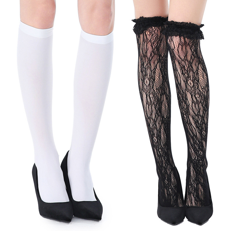 Lolita-style lace mid-calf socks, Japanese JK style, black and white, summer thin, breathable, sweet princess socks
