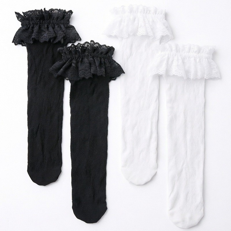 Lolita-style lace mid-calf socks, Japanese JK style, black and white, summer thin, breathable, sweet princess socks