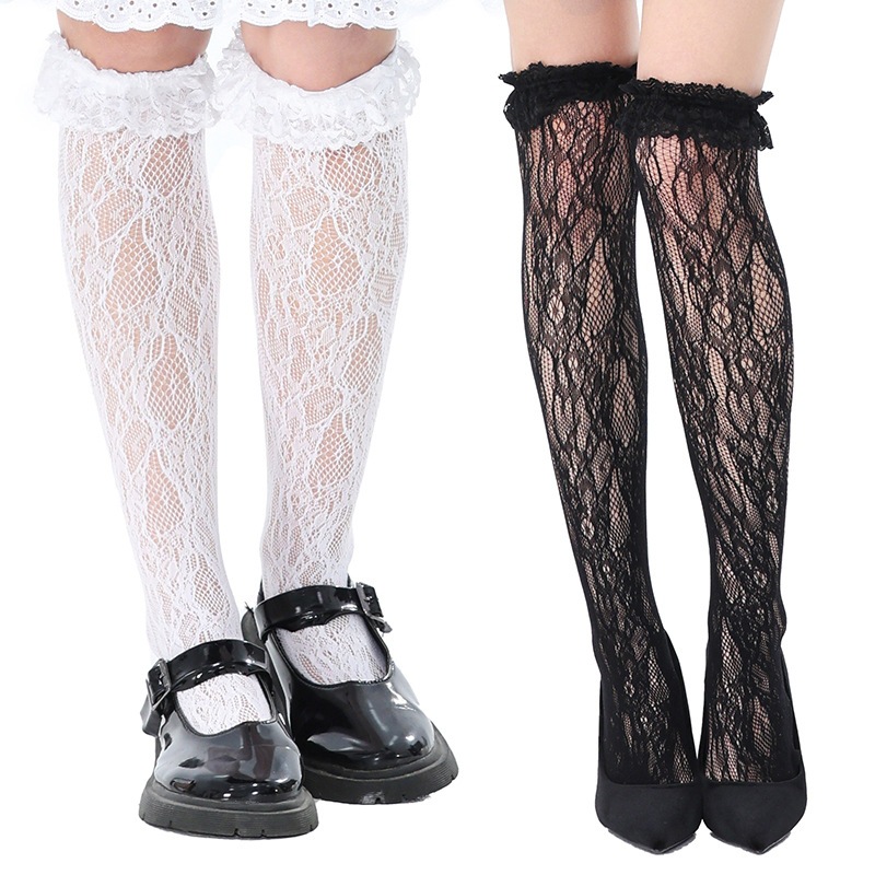 Lolita-style lace mid-calf socks, Japanese JK style, black and white, summer thin, breathable, sweet princess socks