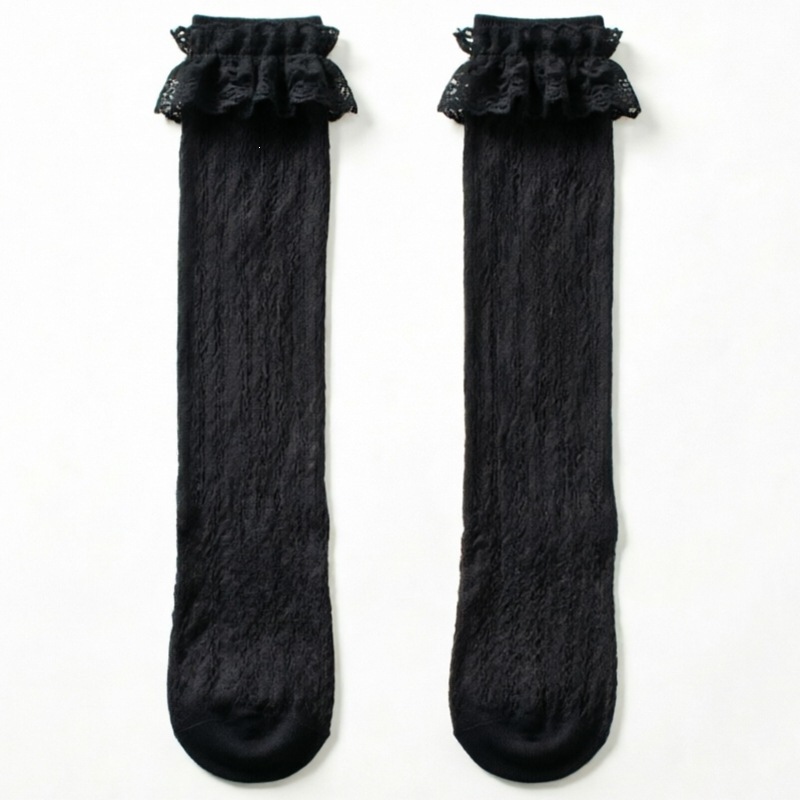 Lolita-style lace mid-calf socks, Japanese JK style, black and white, summer thin, breathable, sweet princess socks