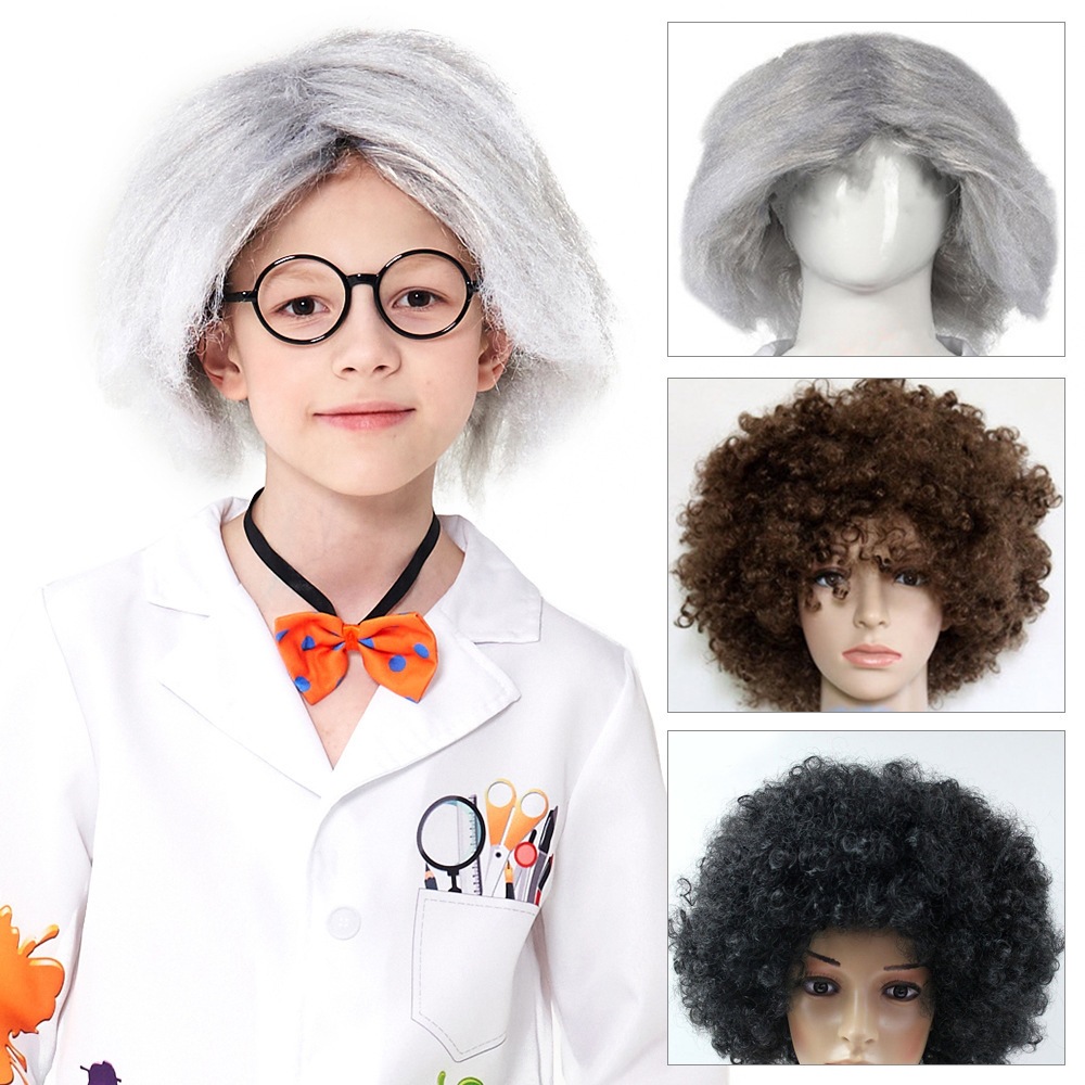 Funny curly afro hairstyle for kids, hip-hop style scientist wig, Halloween pirate cosplay costume accessories