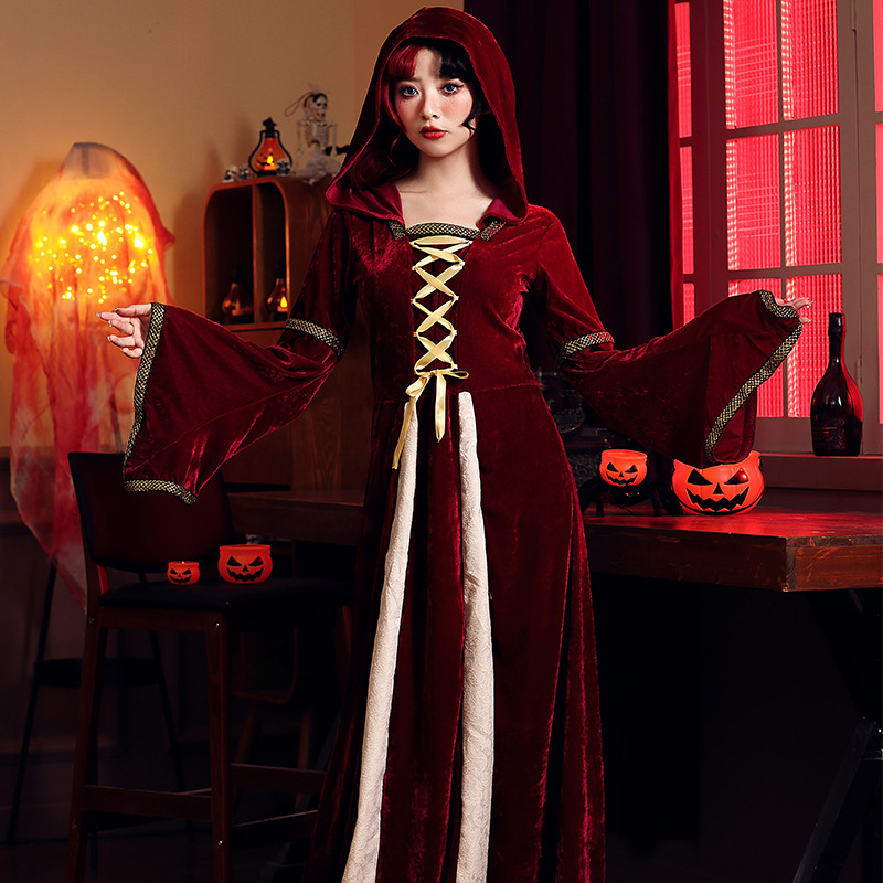 Vintage velvet hooded witch dress, medieval court gown, Halloween party costume, role-playing stage outfit