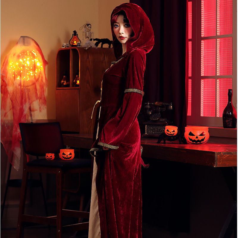 Vintage velvet hooded witch dress, medieval court gown, Halloween party costume, role-playing stage outfit