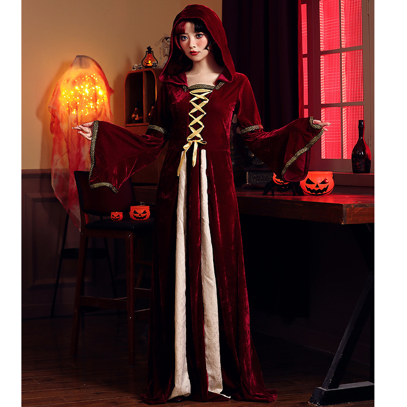 Vintage velvet hooded witch dress, medieval court gown, Halloween party costume, role-playing stage outfit