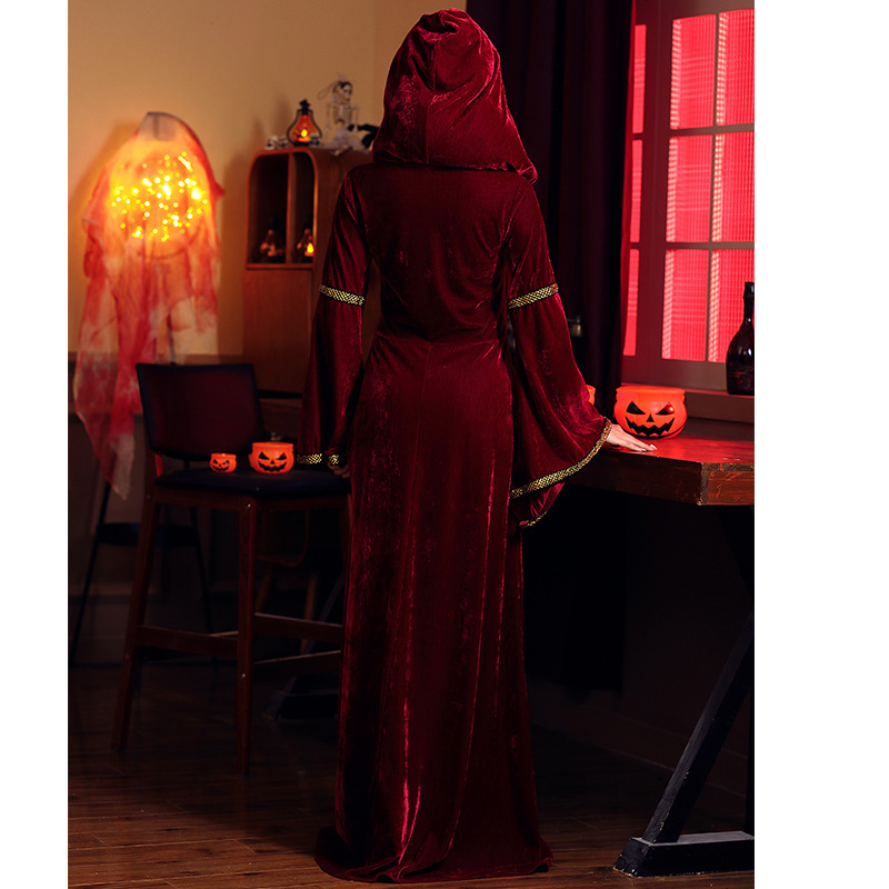 Vintage velvet hooded witch dress, medieval court gown, Halloween party costume, role-playing stage outfit