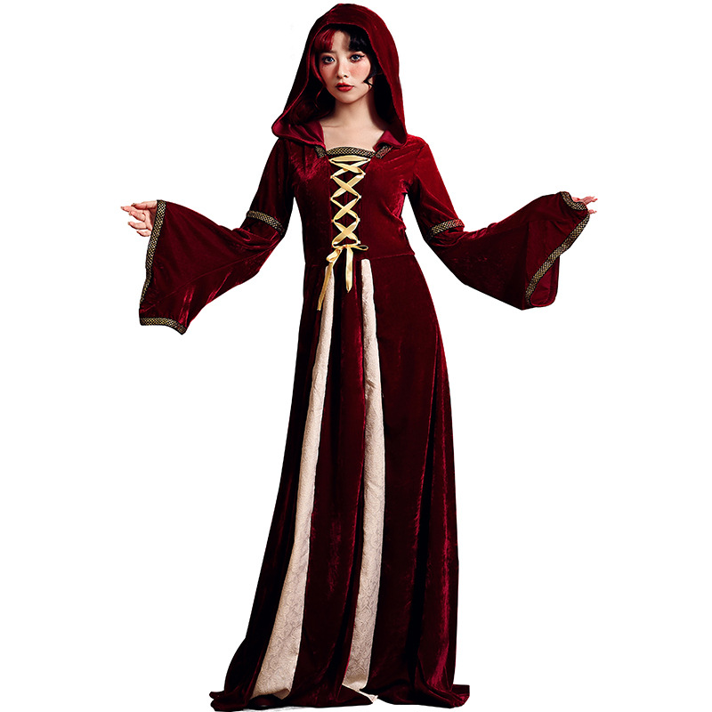 Vintage velvet hooded witch dress, medieval court gown, Halloween party costume, role-playing stage outfit
