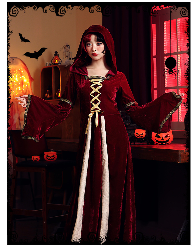 Vintage velvet hooded witch dress, medieval court gown, Halloween party costume, role-playing stage outfit