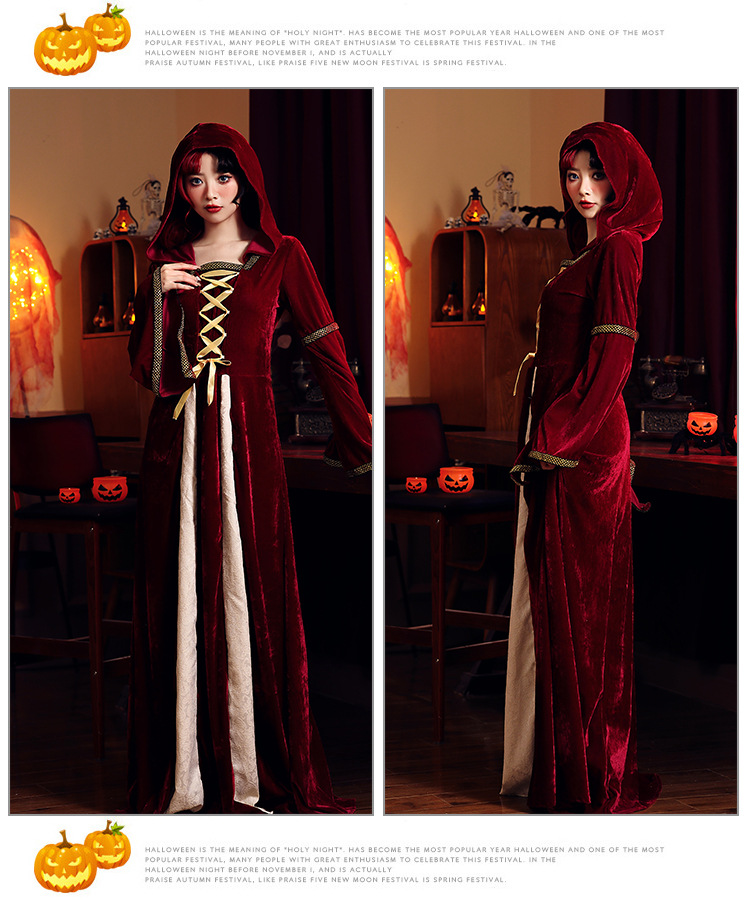 Vintage velvet hooded witch dress, medieval court gown, Halloween party costume, role-playing stage outfit