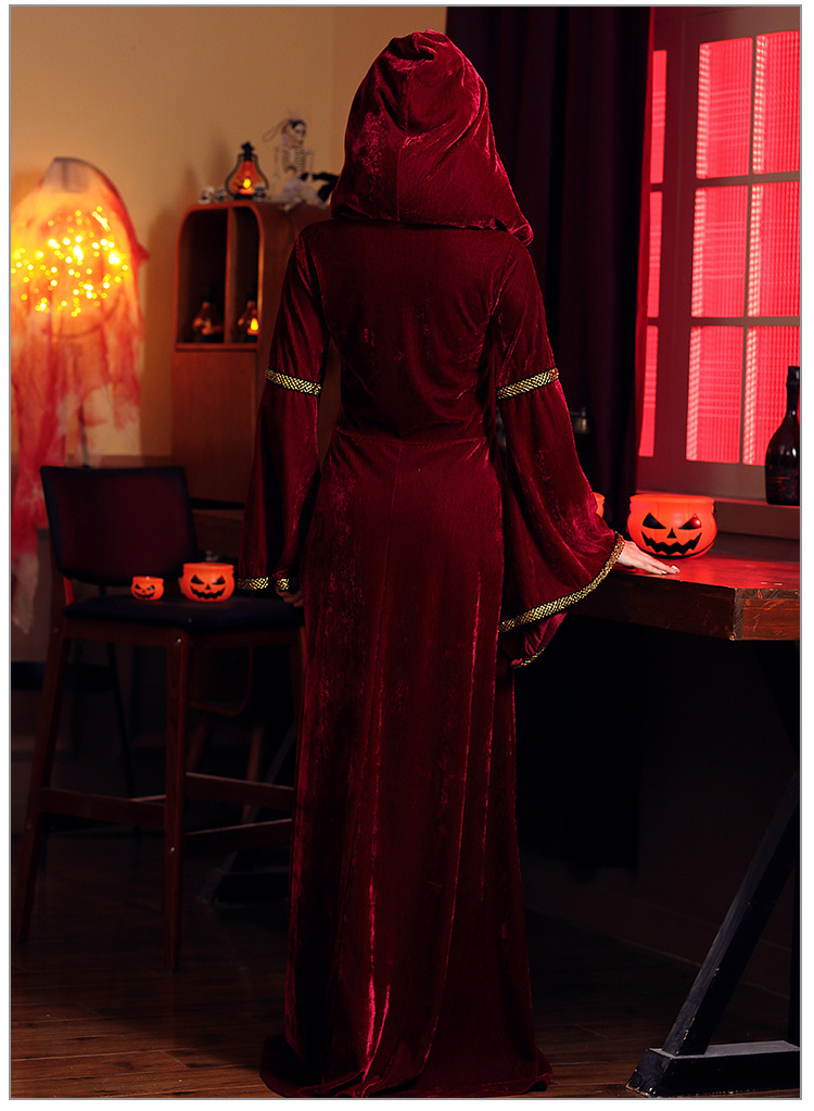 Vintage velvet hooded witch dress, medieval court gown, Halloween party costume, role-playing stage outfit