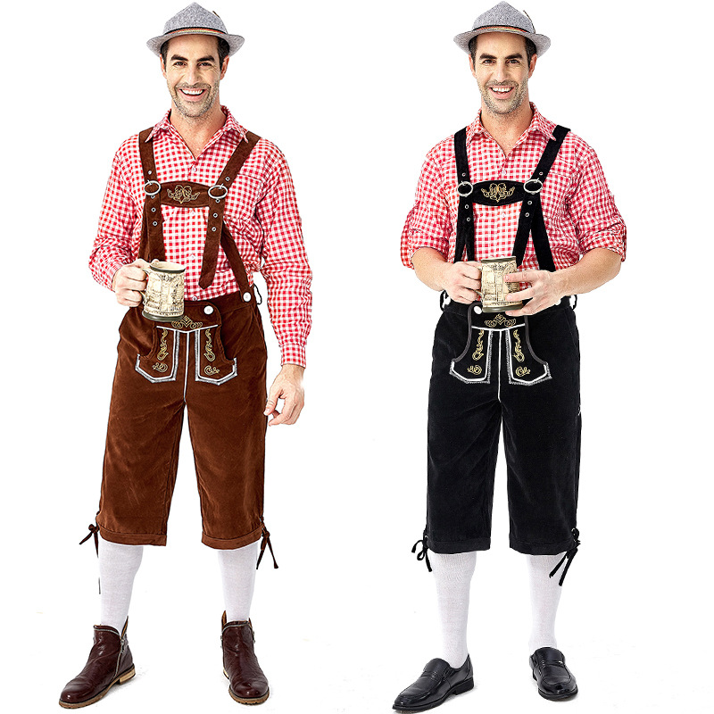 Men's Oktoberfest at Oktoberfest in Munich, Germany: Plaid shirt and overalls suit; Halloween Bavarian costume.