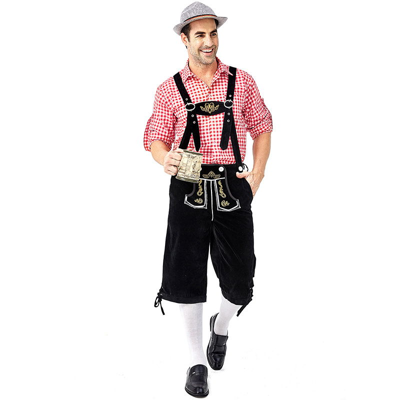 Men's Oktoberfest at Oktoberfest in Munich, Germany: Plaid shirt and overalls suit; Halloween Bavarian costume.