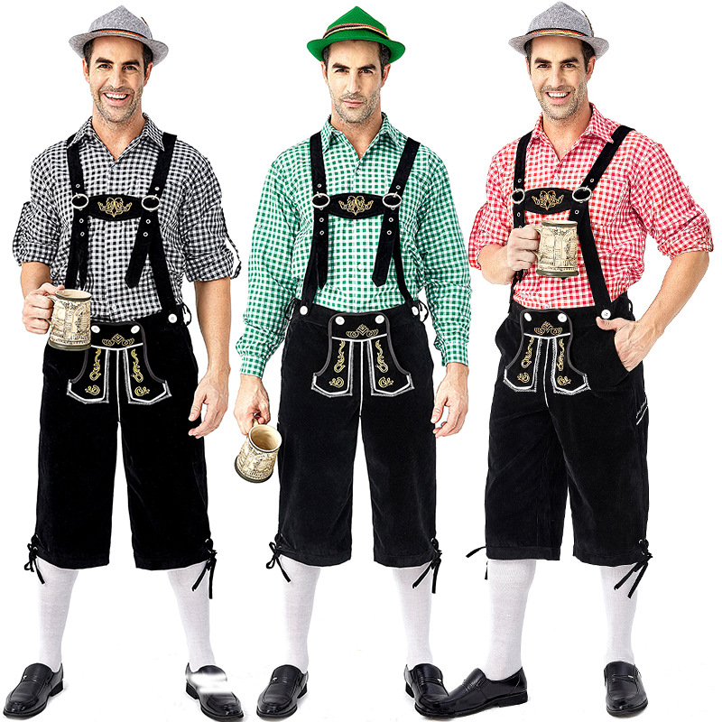 Men's Oktoberfest at Oktoberfest in Munich, Germany: Plaid shirt and overalls suit; Halloween Bavarian costume.