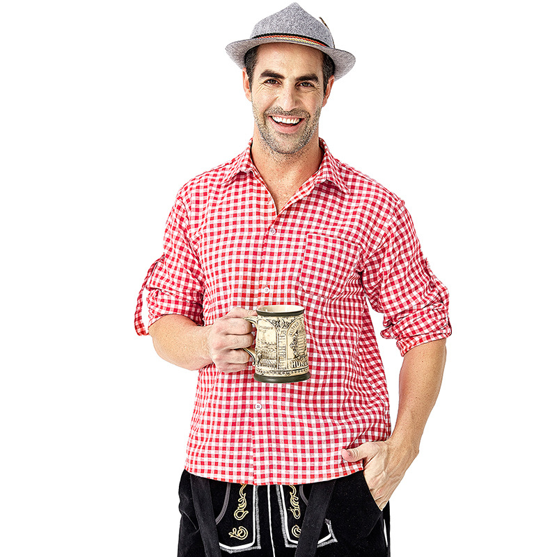 Men's Oktoberfest at Oktoberfest in Munich, Germany: Plaid shirt and overalls suit; Halloween Bavarian costume.