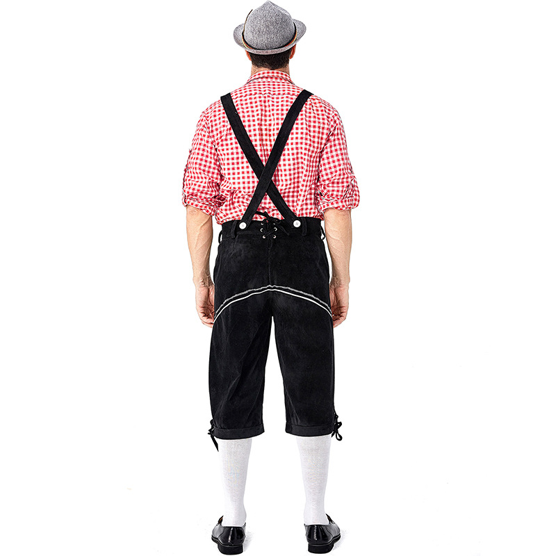 Men's Oktoberfest at Oktoberfest in Munich, Germany: Plaid shirt and overalls suit; Halloween Bavarian costume.