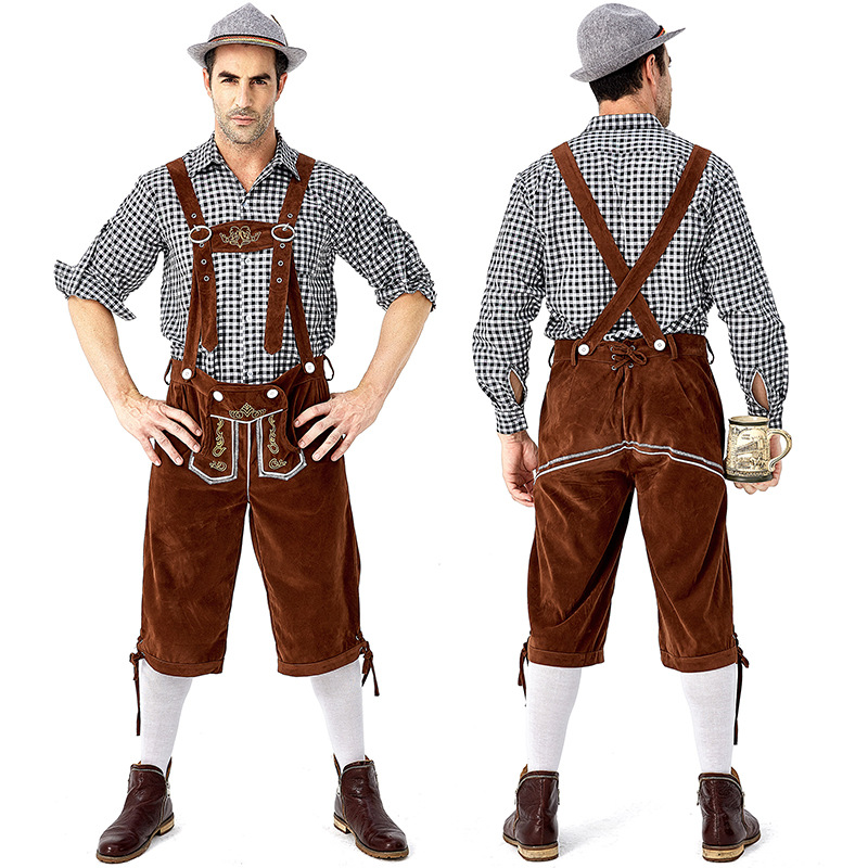 Men's Oktoberfest at Oktoberfest in Munich, Germany: Plaid shirt and overalls suit; Halloween Bavarian costume.