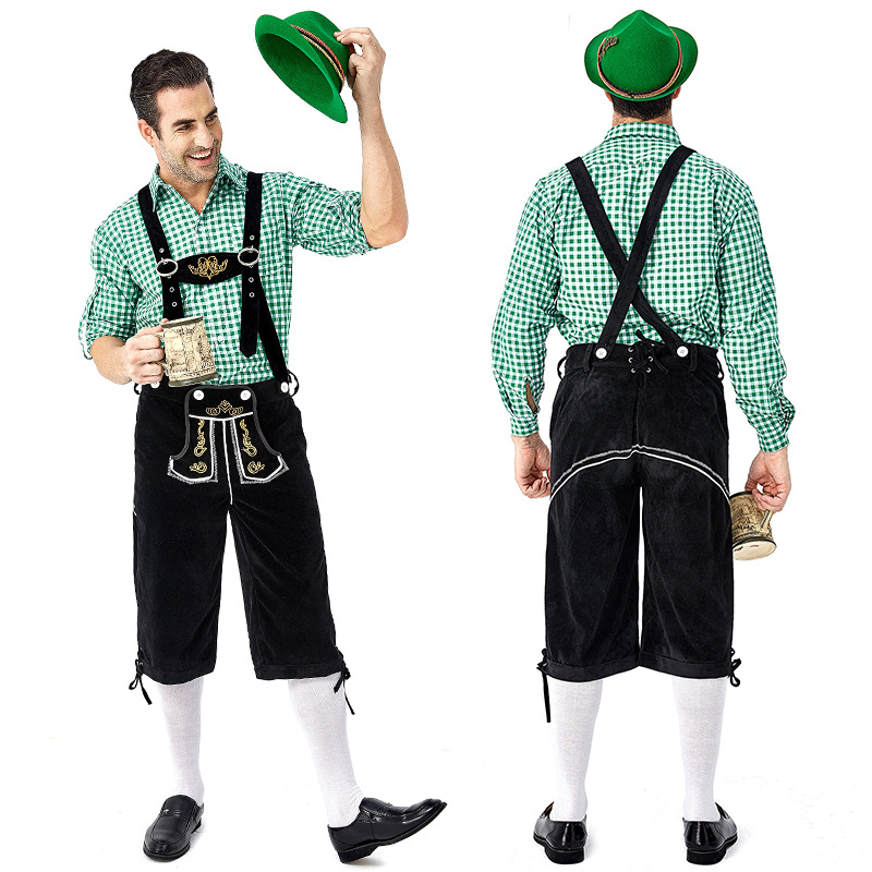 Men's Oktoberfest at Oktoberfest in Munich, Germany: Plaid shirt and overalls suit; Halloween Bavarian costume.