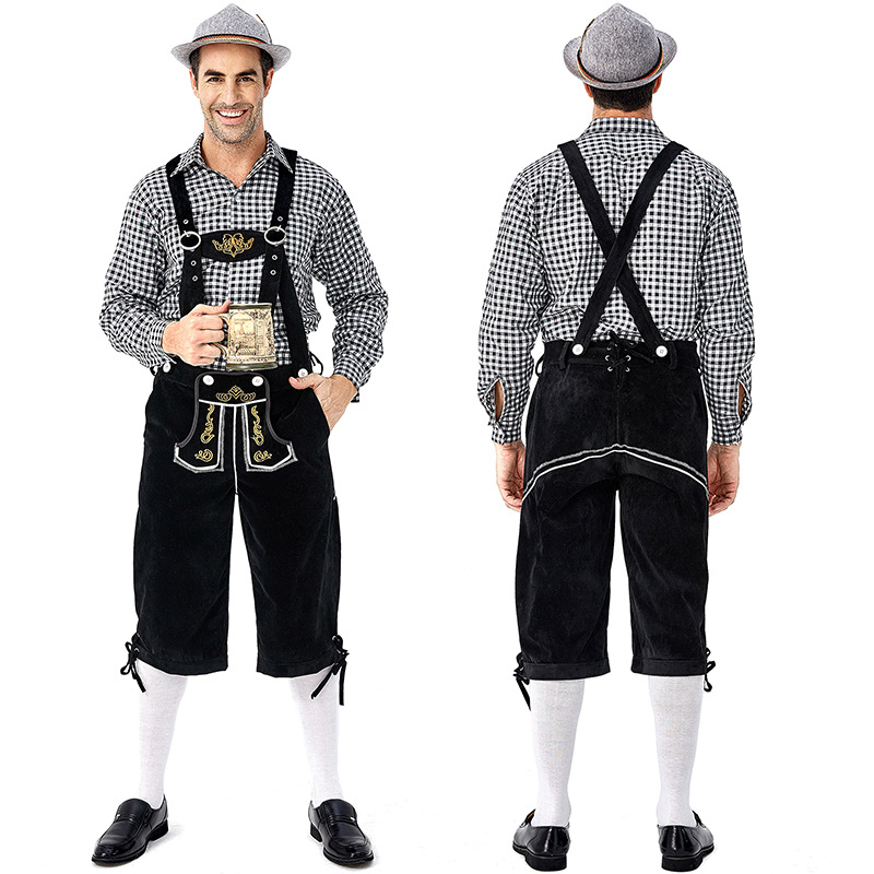 Men's Oktoberfest at Oktoberfest in Munich, Germany: Plaid shirt and overalls suit; Halloween Bavarian costume.