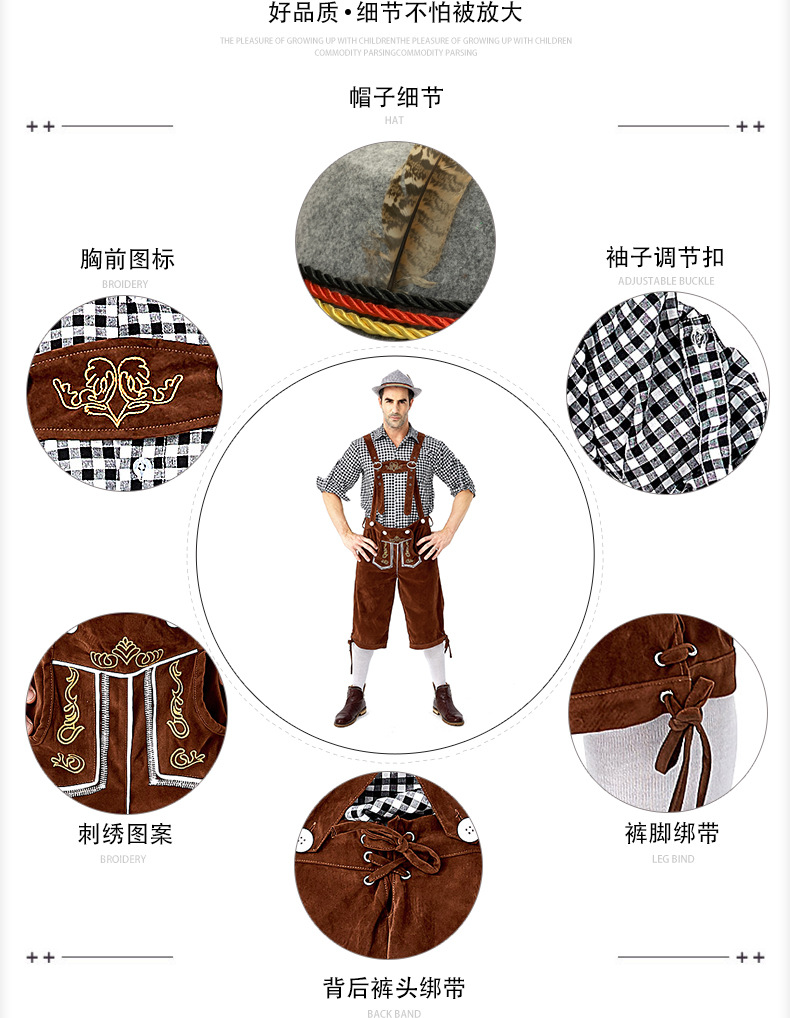 Men's Oktoberfest at Oktoberfest in Munich, Germany: Plaid shirt and overalls suit; Halloween Bavarian costume.