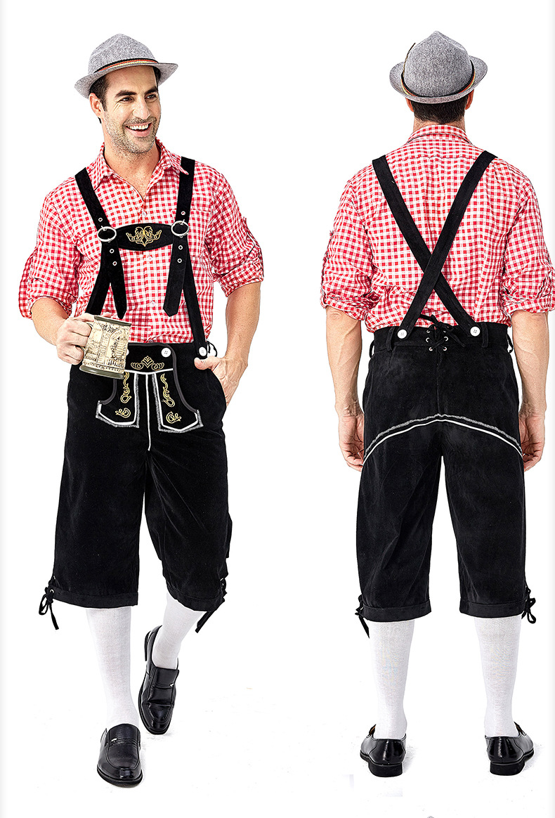 Men's Oktoberfest at Oktoberfest in Munich, Germany: Plaid shirt and overalls suit; Halloween Bavarian costume.