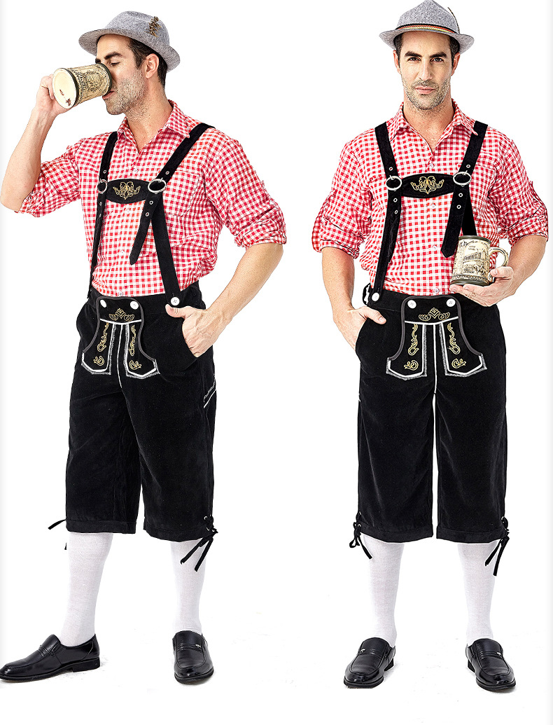 Men's Oktoberfest at Oktoberfest in Munich, Germany: Plaid shirt and overalls suit; Halloween Bavarian costume.
