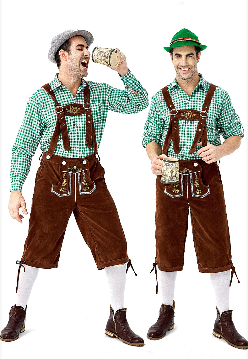 Men's Oktoberfest at Oktoberfest in Munich, Germany: Plaid shirt and overalls suit; Halloween Bavarian costume.