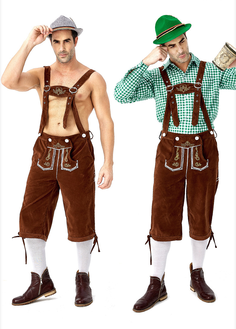 Men's Oktoberfest at Oktoberfest in Munich, Germany: Plaid shirt and overalls suit; Halloween Bavarian costume.