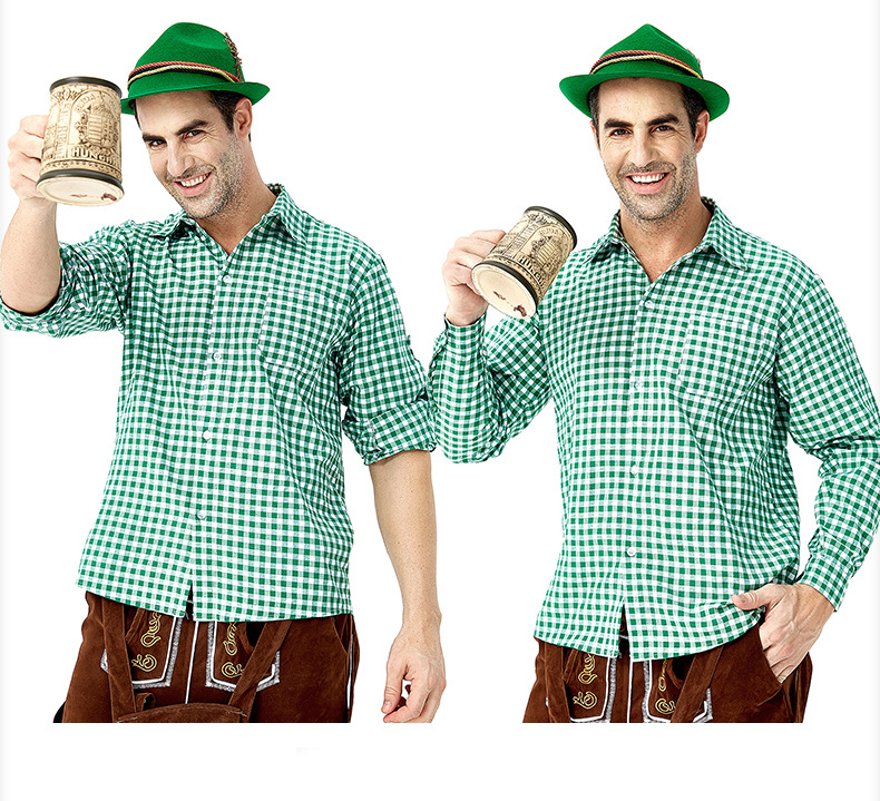 Men's Oktoberfest at Oktoberfest in Munich, Germany: Plaid shirt and overalls suit; Halloween Bavarian costume.