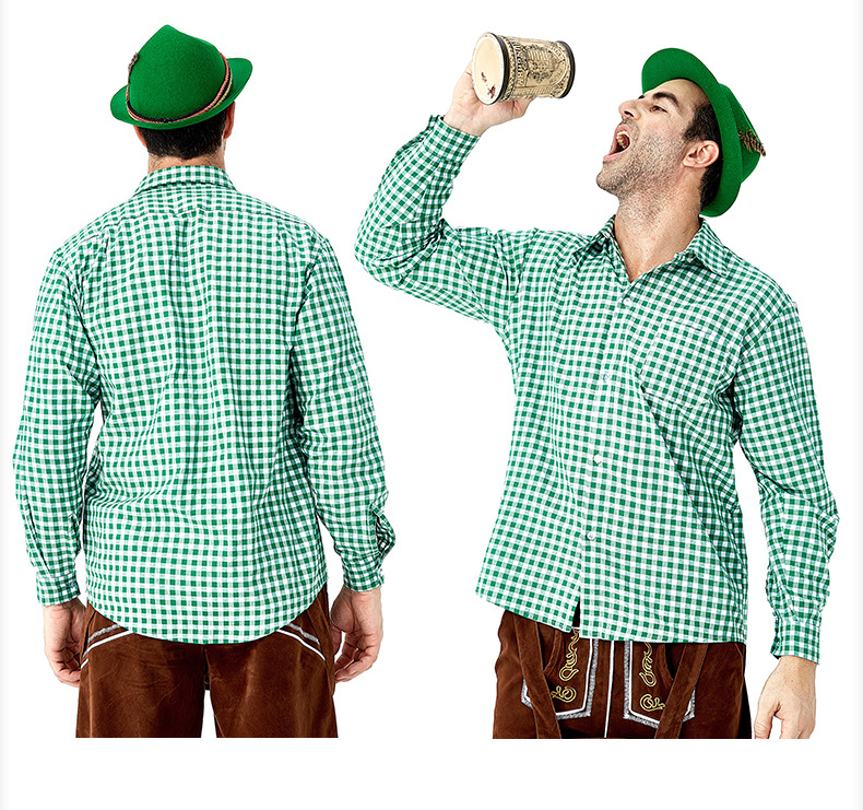 Men's Oktoberfest at Oktoberfest in Munich, Germany: Plaid shirt and overalls suit; Halloween Bavarian costume.