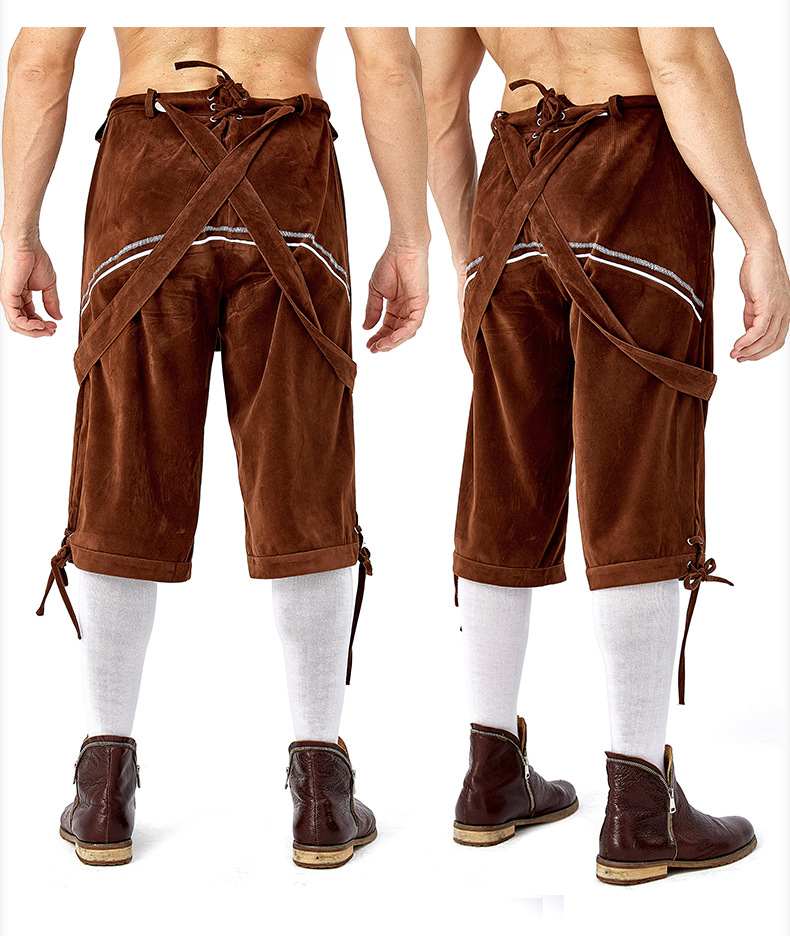 Men's Oktoberfest at Oktoberfest in Munich, Germany: Plaid shirt and overalls suit; Halloween Bavarian costume.