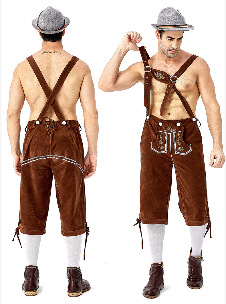 Men's Oktoberfest at Oktoberfest in Munich, Germany: Plaid shirt and overalls suit; Halloween Bavarian costume.
