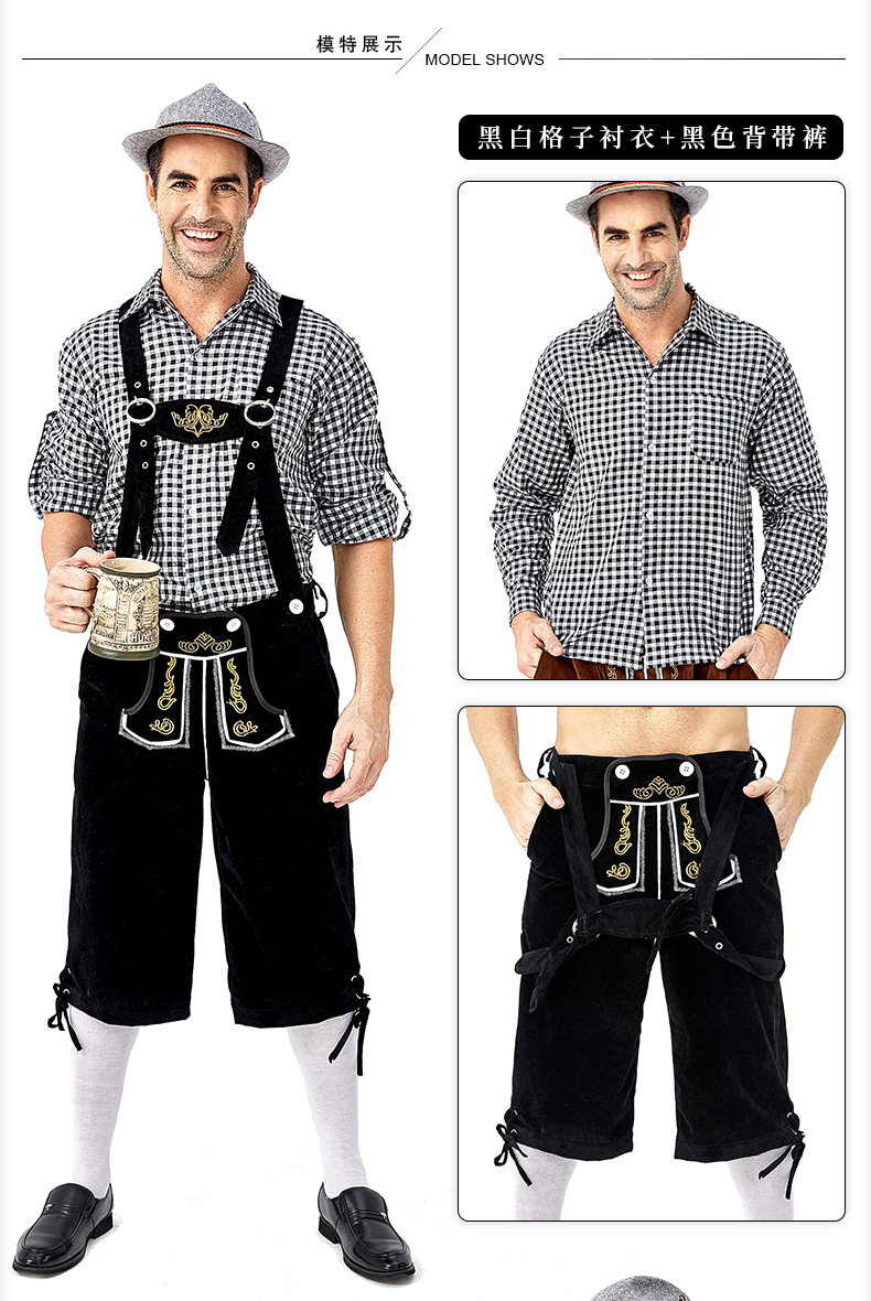 Men's Oktoberfest at Oktoberfest in Munich, Germany: Plaid shirt and overalls suit; Halloween Bavarian costume.