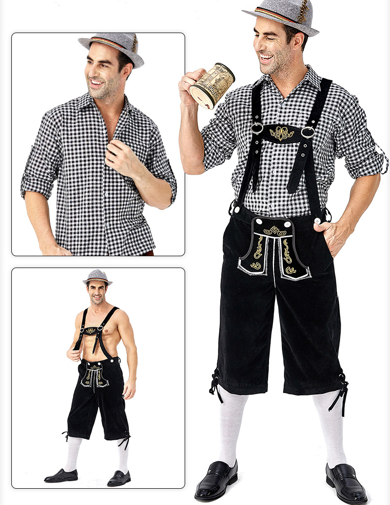 Men's Oktoberfest at Oktoberfest in Munich, Germany: Plaid shirt and overalls suit; Halloween Bavarian costume.
