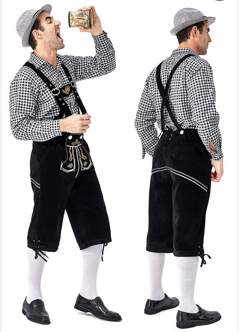 Men's Oktoberfest at Oktoberfest in Munich, Germany: Plaid shirt and overalls suit; Halloween Bavarian costume.