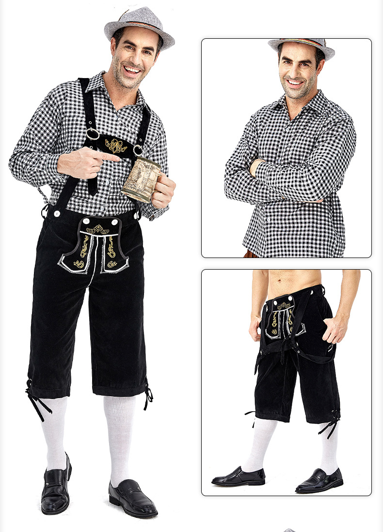 Men's Oktoberfest at Oktoberfest in Munich, Germany: Plaid shirt and overalls suit; Halloween Bavarian costume.