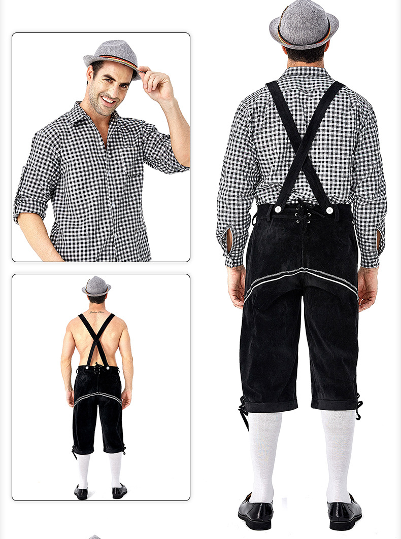 Men's Oktoberfest at Oktoberfest in Munich, Germany: Plaid shirt and overalls suit; Halloween Bavarian costume.