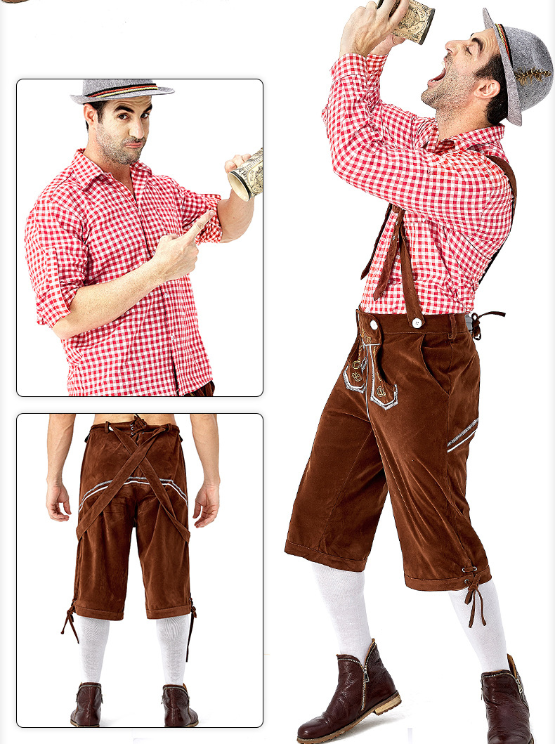 Men's Oktoberfest at Oktoberfest in Munich, Germany: Plaid shirt and overalls suit; Halloween Bavarian costume.