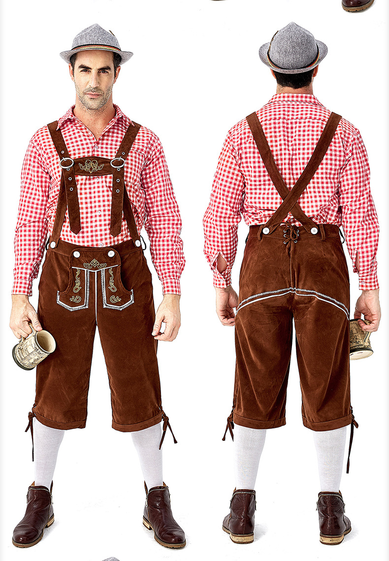 Men's Oktoberfest at Oktoberfest in Munich, Germany: Plaid shirt and overalls suit; Halloween Bavarian costume.
