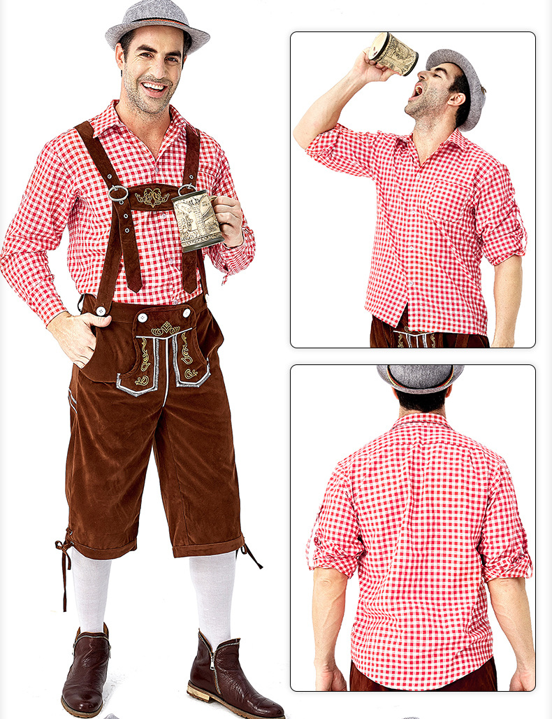 Men's Oktoberfest at Oktoberfest in Munich, Germany: Plaid shirt and overalls suit; Halloween Bavarian costume.