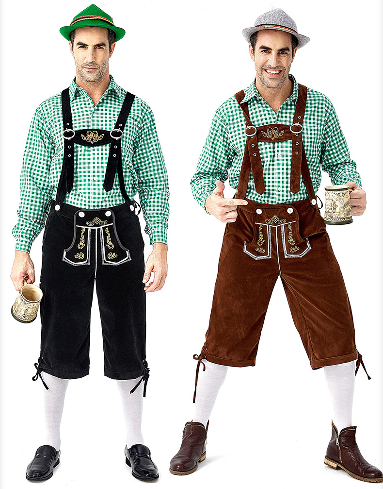 Men's Oktoberfest at Oktoberfest in Munich, Germany: Plaid shirt and overalls suit; Halloween Bavarian costume.