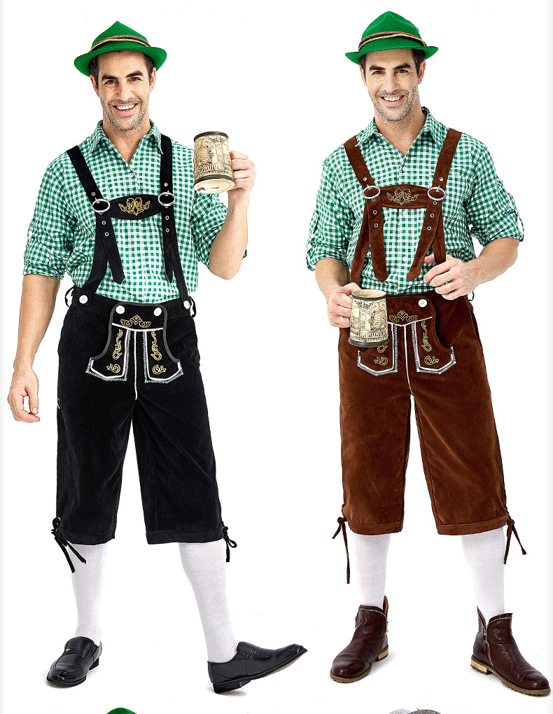 Men's Oktoberfest at Oktoberfest in Munich, Germany: Plaid shirt and overalls suit; Halloween Bavarian costume.