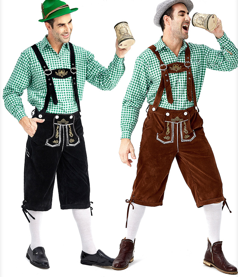 Men's Oktoberfest at Oktoberfest in Munich, Germany: Plaid shirt and overalls suit; Halloween Bavarian costume.