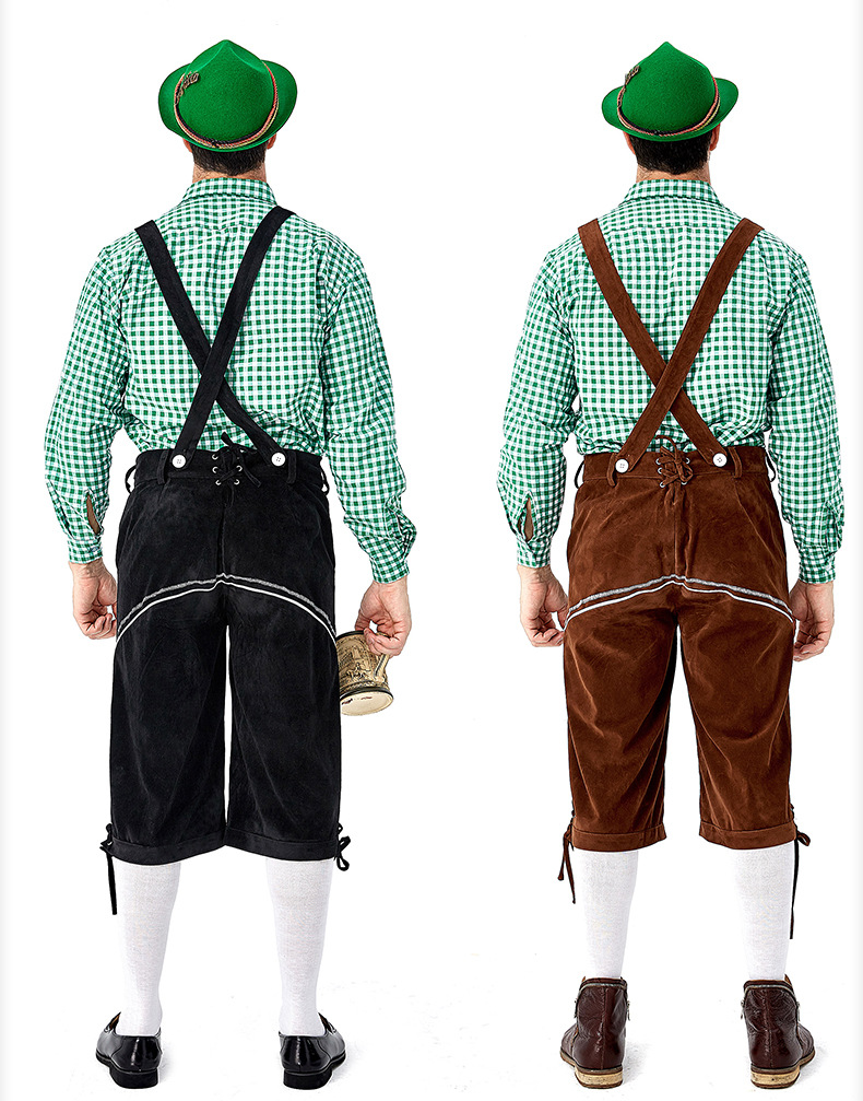Men's Oktoberfest at Oktoberfest in Munich, Germany: Plaid shirt and overalls suit; Halloween Bavarian costume.