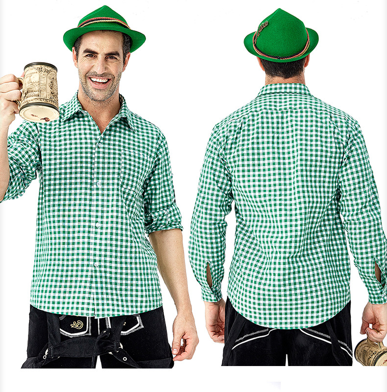 Men's Oktoberfest at Oktoberfest in Munich, Germany: Plaid shirt and overalls suit; Halloween Bavarian costume.